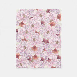 Antique floral pink coral cream hand drawn flowers fleece blanket