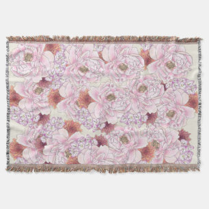 Antique floral pink coral cream hand drawn flowers throw blanket
