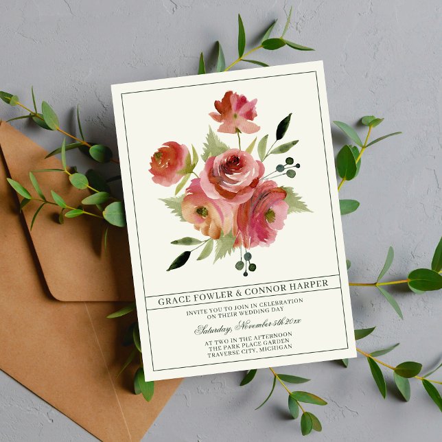 Antique Floral Pink Evergreen Bouquet Wedding Invitation (Creator Uploaded)
