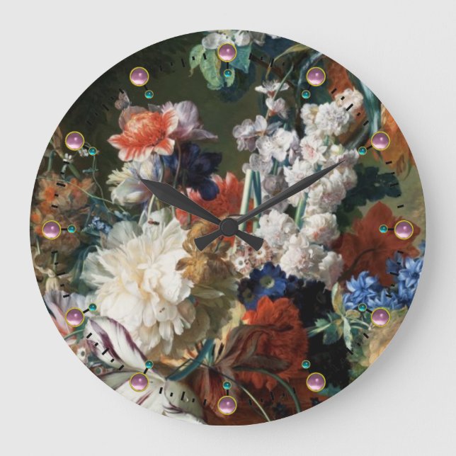 ANTIQUE FLORAL,PINK RED ANEMONES WHITE FLOWERS LARGE CLOCK (Front)