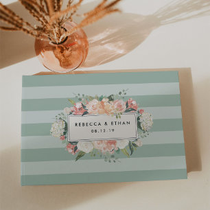 Antique Floral   Sage Green Stripe Wedding Guest Book