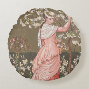 Antique Floral Valentine Card, Victorian Era, 1876 Round Pillow