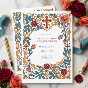 Antique Floral Vintage Cross Catholic Wedding  Invitation