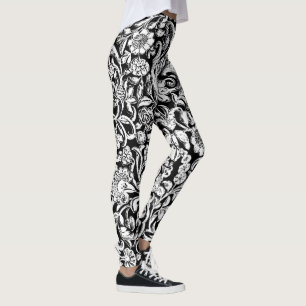 Antique Floral white on black Leggings