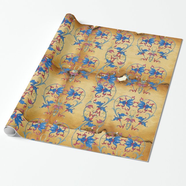 ANTIQUE FLORENTINE PARCHMENT, FLORAL HEART MOTIFS WRAPPING PAPER (Unrolled)