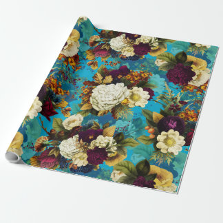 antique flower bouquets with roses on blue pattern wrapping paper