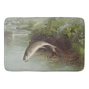 Antique Fly Fishing Leaping Brook Trout Print Bath Mat