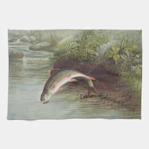 Antique Fly Fishing Leaping Brook Trout Print Kitchen Towel