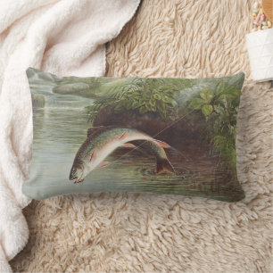 Antique Fly Fishing Leaping Brook Trout Print Lumbar Pillow