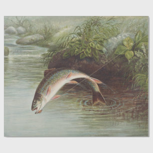 Antique Fly Fishing Leaping Brook Trout Print Wrapping Paper