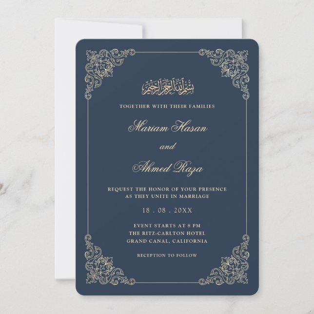 Antique Frame Romantic Navy Blue Muslim Wedding Invitation (Front)