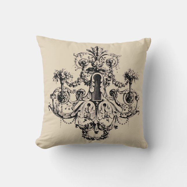 Antique French Baroque Rococo Lock Print Throw Pillow (Front)