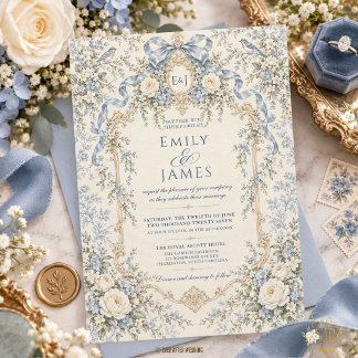 Antique French Blue Rococo Floral Toile Wedding Invitation