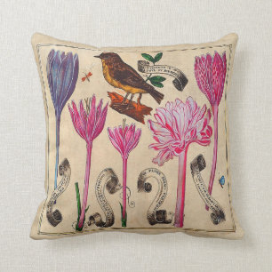 Antique French Botanical Floral Print with Bird Throw Pillow