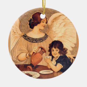 Antique French Chocolate Angel Poster: Vintage Art Ceramic Ornament