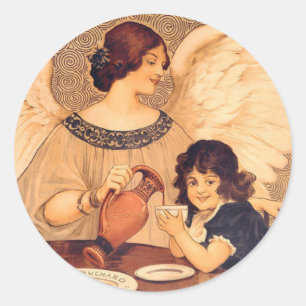Antique French Chocolate Angel Poster: Vintage Art Classic Round Sticker