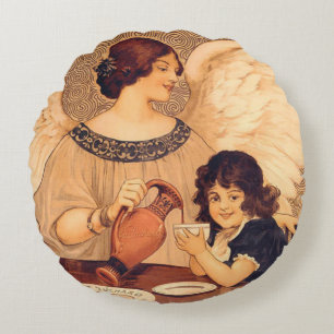Antique French Chocolate Angel Poster: Vintage Art Round Pillow