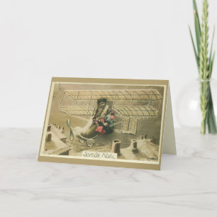 Antique French Christmas studio photo boy in plane Holiday Card