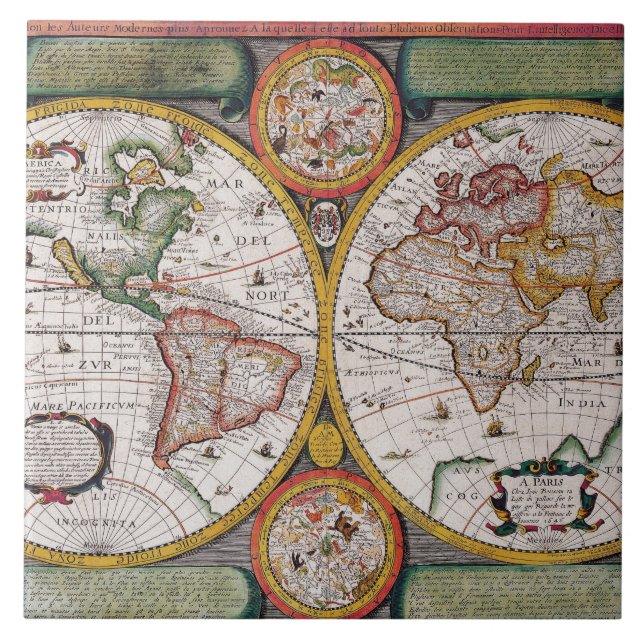 Antique French Map of The World Tile (Front)
