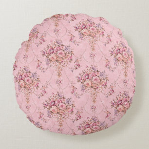 Antique French Pink Victorian Style Floral Rococo Round Pillow