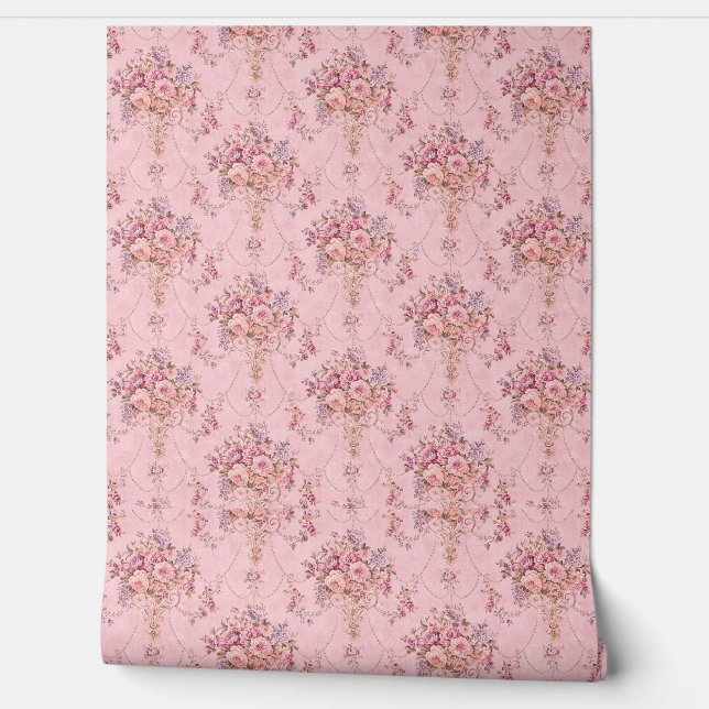 Antique French Pink Victorian Style Floral Rococo Wallpaper (Unrolling)