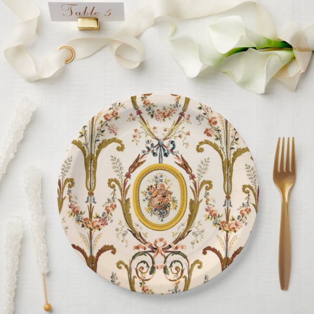 Antique French Rococo Floral Gold Cream Elegant Paper Plate (Wedding)