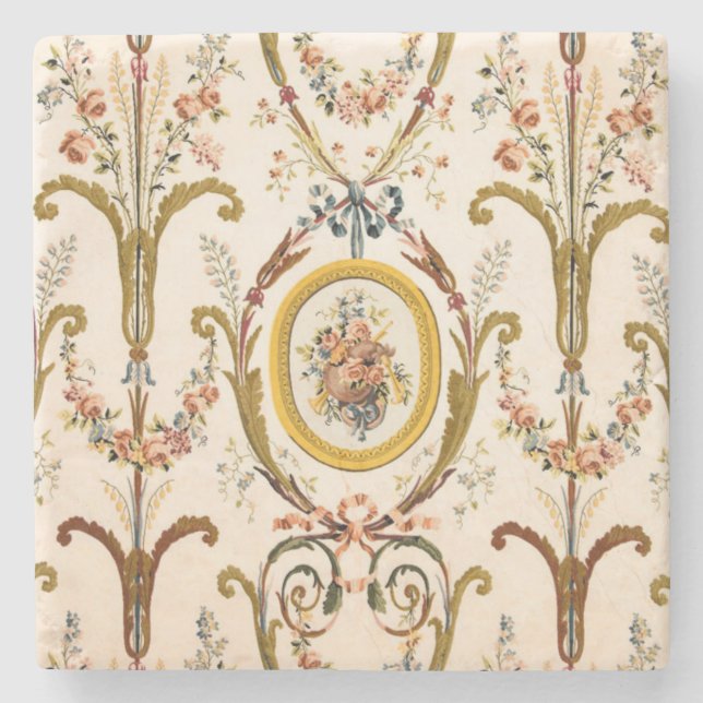 Antique French Rococo Floral Gold Cream Elegant Stone Coaster (Front)