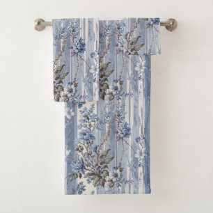 Antique French Style Blue and Grey Bath Towel Set