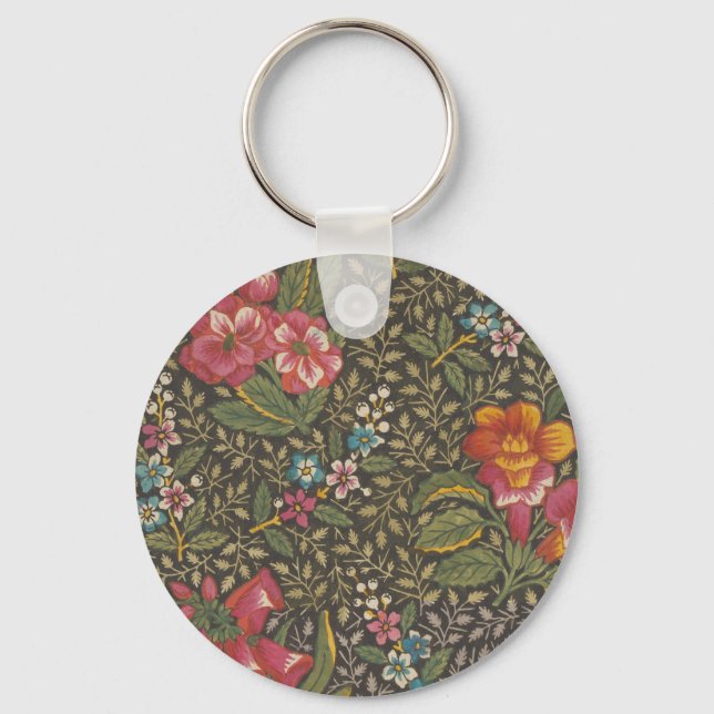 Antique French Toile de Jouy 1800s Floral Branches Keychain (Front)