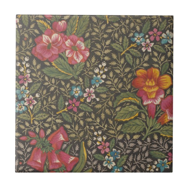 Antique French Toile de Jouy 1800s Floral Branches Tile (Front)