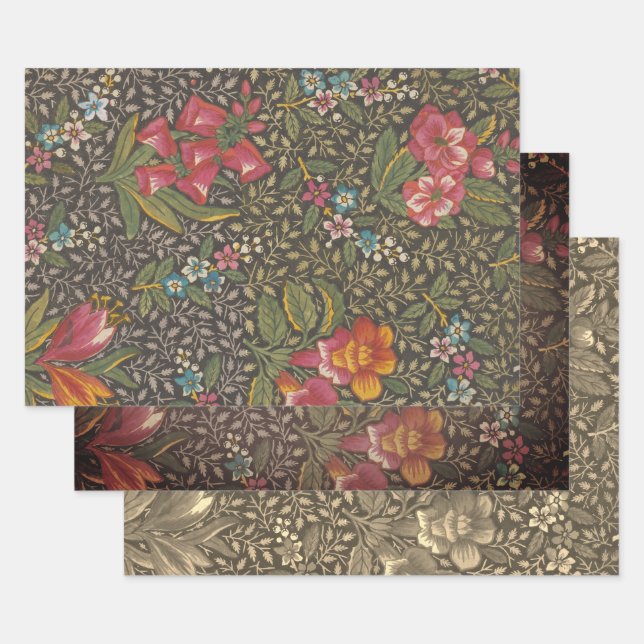 Antique French Toile de Jouy 1800s Floral Branches Wrapping Paper Sheet (Set)