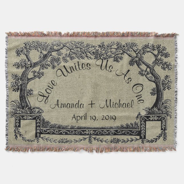Antique French Trees Frame Personalized Wedding Throw Blanket (Front)