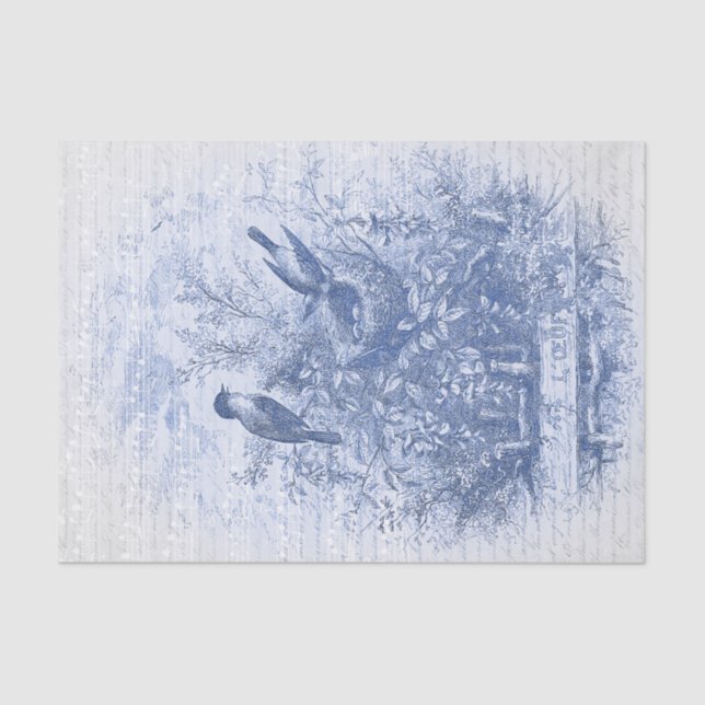 Antique French Vintage Blue Birds Nest  Tissue Paper (Front)