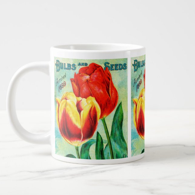 Antique Garden Advertisement, Yellow Red Tulips Large Coffee Mug (Left)