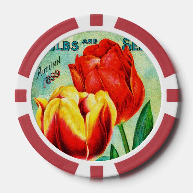 Antique Garden Advertisement, Yellow Red Tulips Poker Chips (Front)