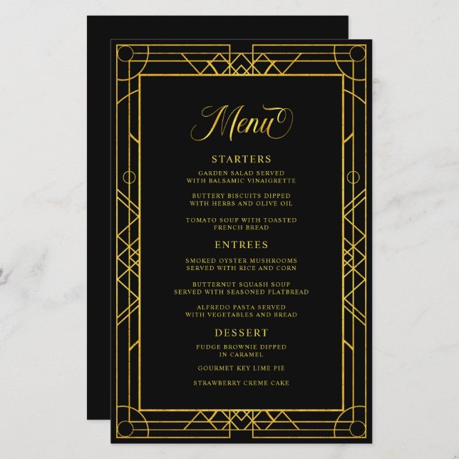 Antique Geometric Gold Frame Black Wedding Menu (Front/Back)