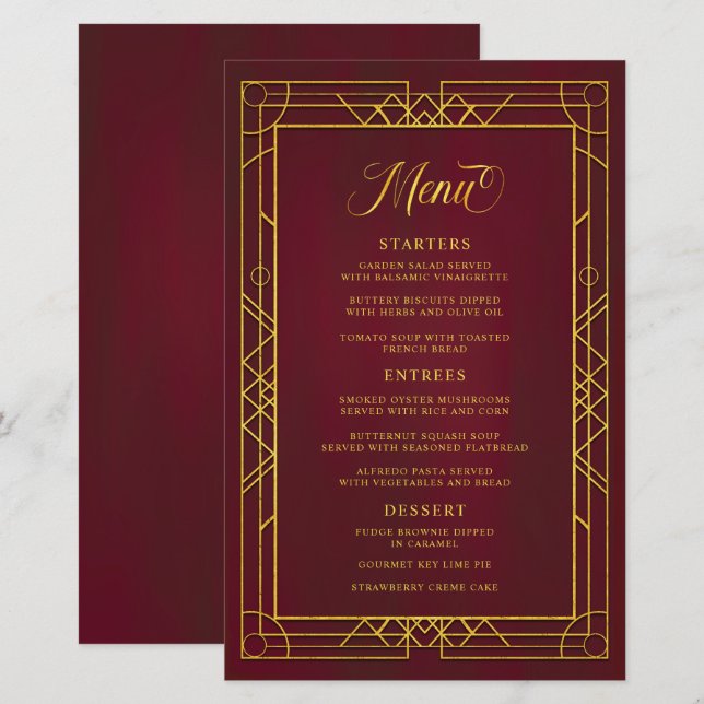 Antique Geometric Gold Frame Burgundy Wedding Menu (Front/Back)