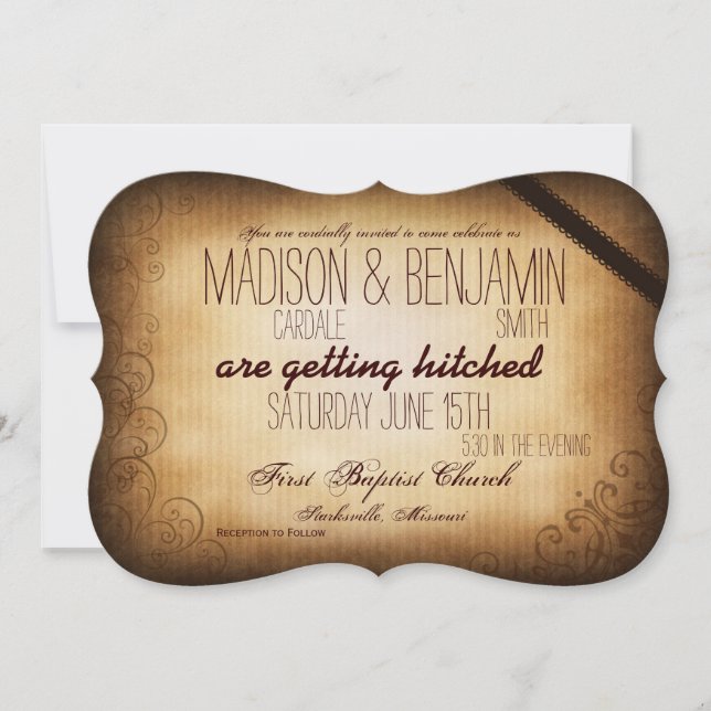 Antique Getting Hitched Rustic Wedding Invitations (Front)