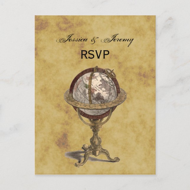 Antique Globe, Distressed BG RSVP Invitation Postcard (Front)