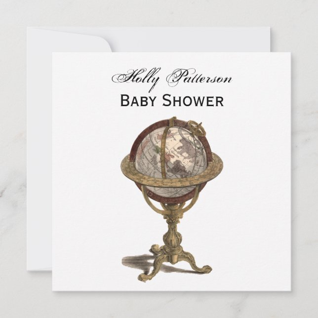 Antique Globe, White BG SQ Baby Shower Invitation (Front)