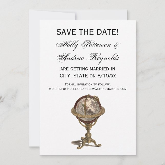 Antique Globe, White BG V Save the Date Invitation (Front)