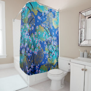Antique Gold Blue Japanese Kimono Floral Flower