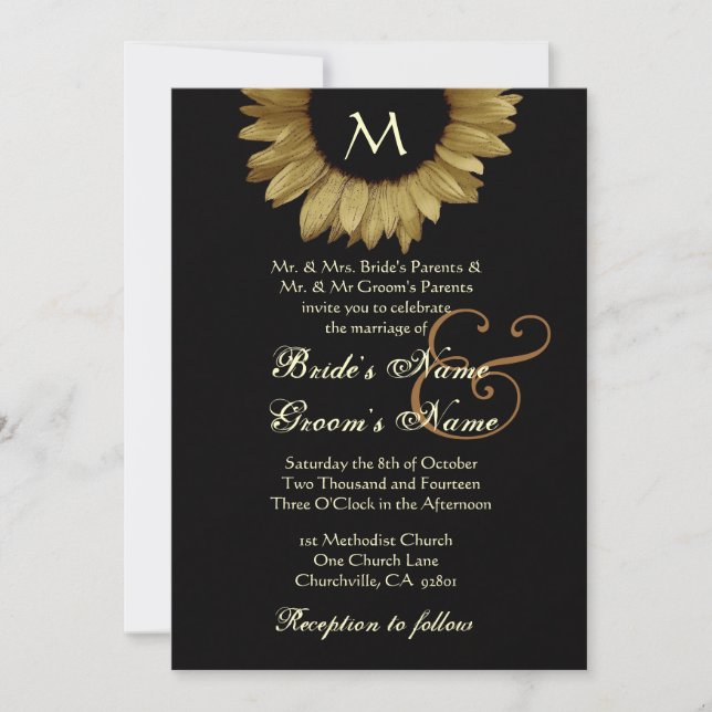 Antique Gold Coloured Sunflower Wedding Invitation (Front)