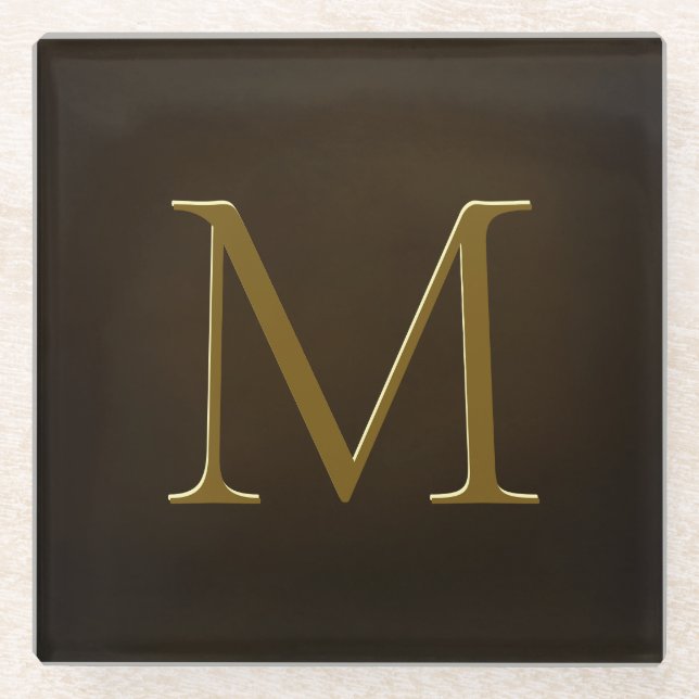 Antique Gold Embossed Monogram Personalized Square Glass Coaster (Front)