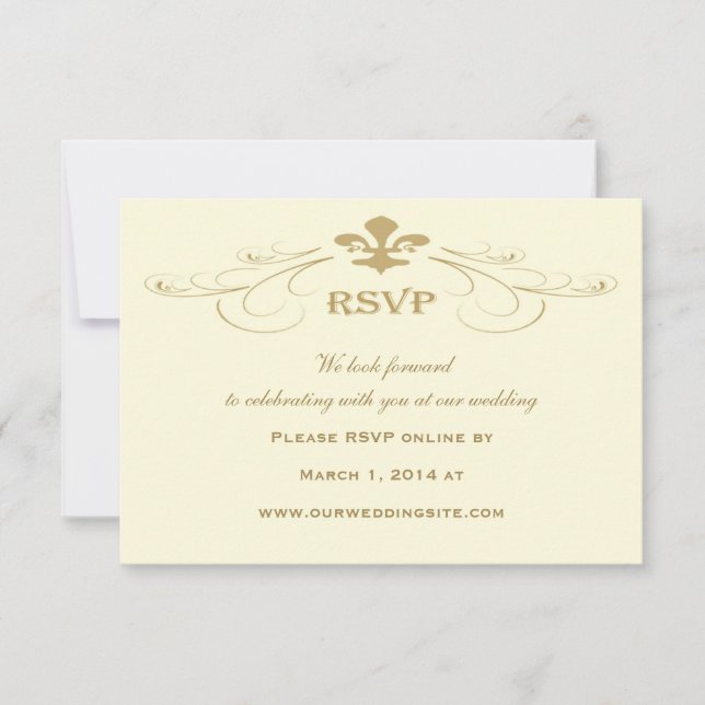 Antique Gold Fleur de Lis Wedding RSVP Cards (Front)