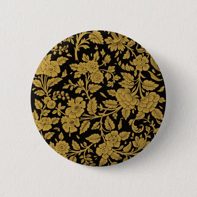 Antique Gold Floral Indian Lac-work Black Pattern 2 Inch Round Button (Front)