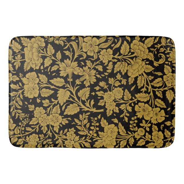 Antique Gold Floral Indian Lac-work Black Pattern Bath Mat (Front)