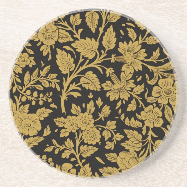 Antique Gold Floral Indian Lac-work Black Pattern Coaster (Front)