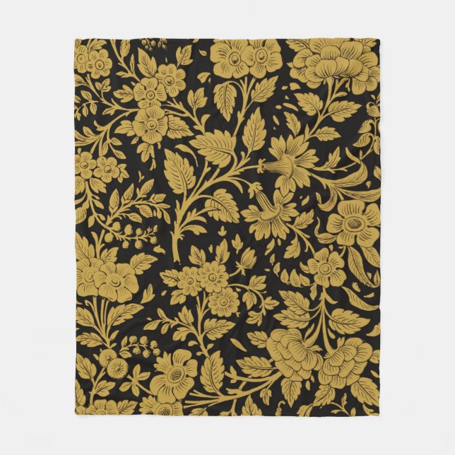 Antique Gold Floral Indian Lac-work Black Pattern Fleece Blanket (Front)