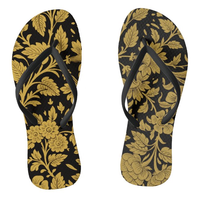 Antique Gold Floral Indian Lac-work Black Pattern Flip Flops (Footbed)